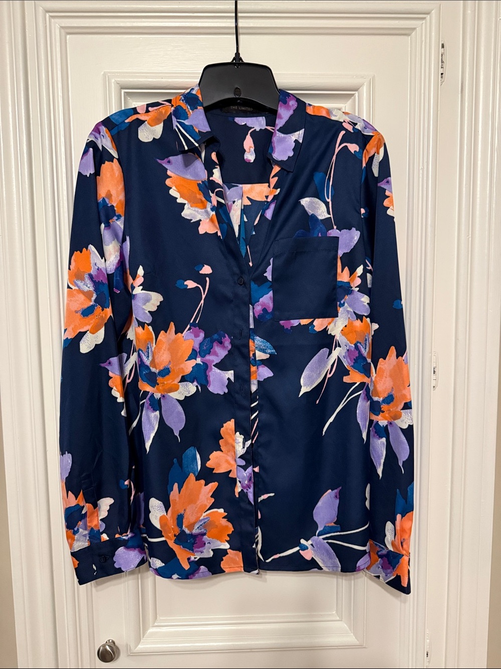 The Limited Navy Floral Button-Up Blouse with Floral Blooms